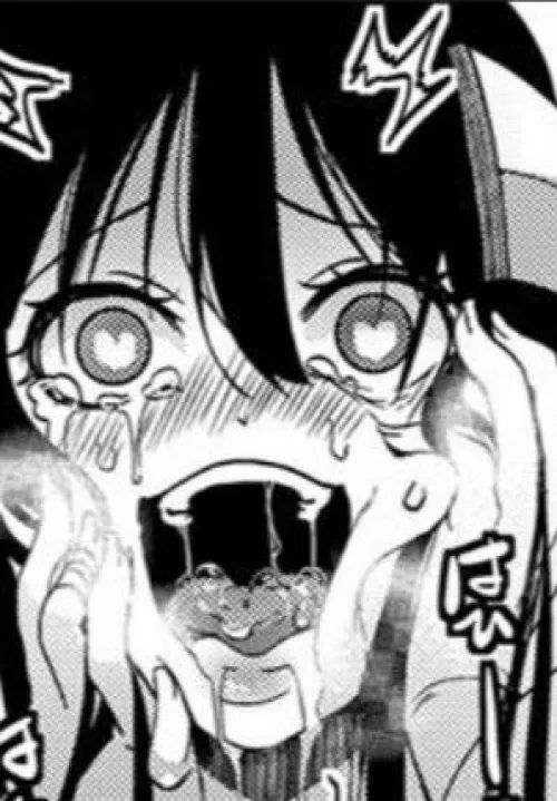 LF Mono Source: 1girl, face focused, heart shaped pupils, black hair, steam, crying/tears, SFX, hands on own cheeks, hair between eyes, open mouth, drooling, saliva, blushing, sweating, looking at viewer, smiling/laughing by kei-kazuki