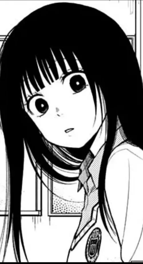 LF Mono Source: 1girl, fangs, black hair, school uniform, looking at viewer, black eyes, scary eyes, head tilted down, hair over shoulder by ZeDasCobres
