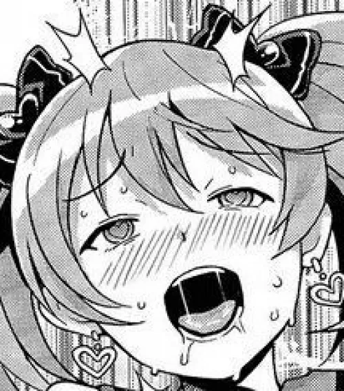 LF Mono Source: 1girl, heart pupils, bangs, eyebrows visible through hair, earrings, sweat, drool, ribbons, mouth open, blushing, ahegao, twintails, dark/brown hair by bjern1101