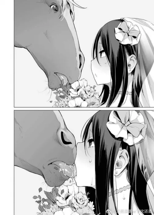 LF Mono Source: 1girl, horse, bride, from left, french kiss, flower, ear, choker, sweat, left eye. by cnydox