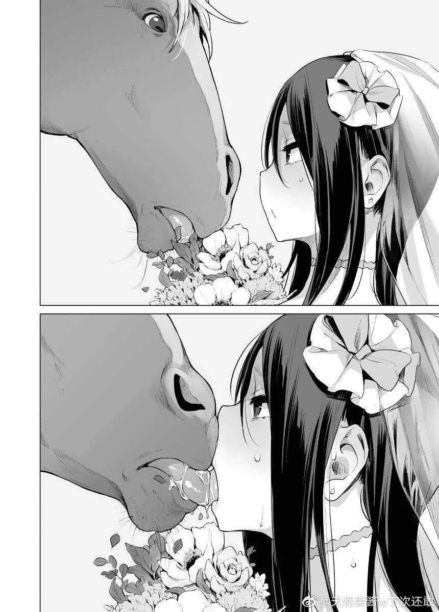 LF Mono Source: 1girl, horse, bride, from left, french kiss, flower, ear, choker, sweat, left eye. posted by cnydox