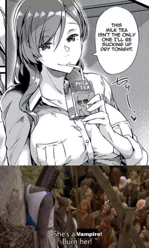 LF Mono source: 1girl, long hair, big breasts, milk tea, “this milk tea isn’t the only one I’ll be sucking dry tonight”, dark hair. by smithgamer2