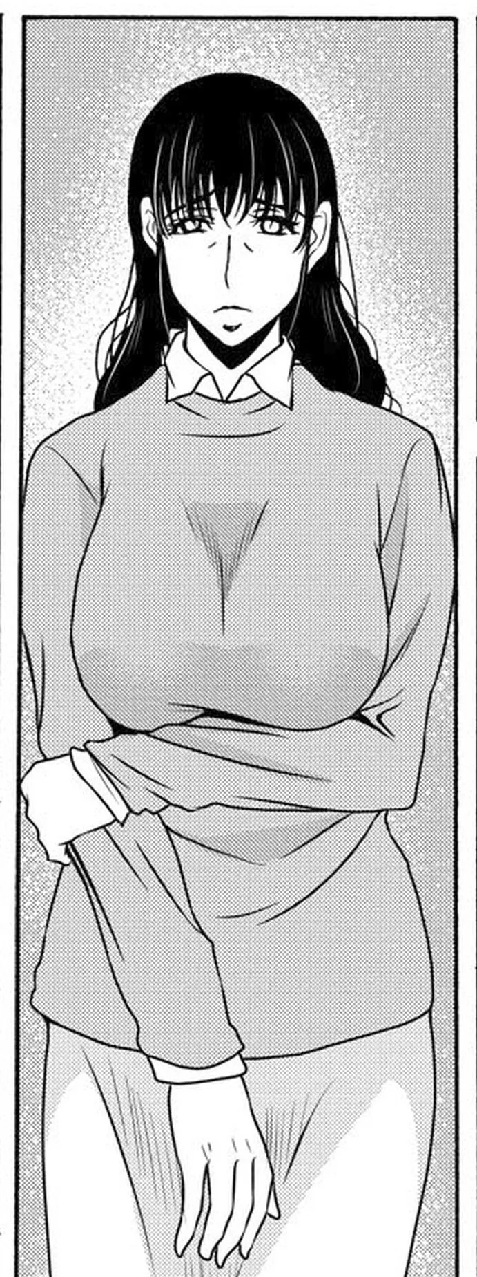 LF Mono Source: 1girl, long hair, black hair, standing, looking at viewer, elbow on arm, big breasts, full sleeve posted by kei-kazuki