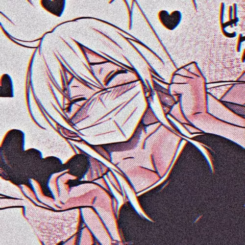 LF Mono Source: 1girl, mask, long hair, white hair, blush, joystick, hair between eyes, brown shade, brown filter, big breasts, arms up, spoken out heart, japanese text by kei-kazuki