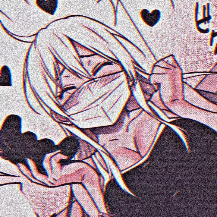 LF Mono Source: 1girl, mask, long hair, white hair, blush, joystick, hair between eyes, brown shade, brown filter, big breasts, arms up, spoken out heart, japanese text posted by kei-kazuki