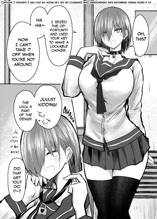 LF Mono Source: 1girl, short hair, stockings, school uniform, choker, knees out of frame, hand on neck “I THOUGHT I HAD LOST MY HOUSE KEY, BUT MY CLASSMATE WHO UNKNOWINGLY SAYS DISTURBING THINGS PICKED IT UP” by Bl4nkSS