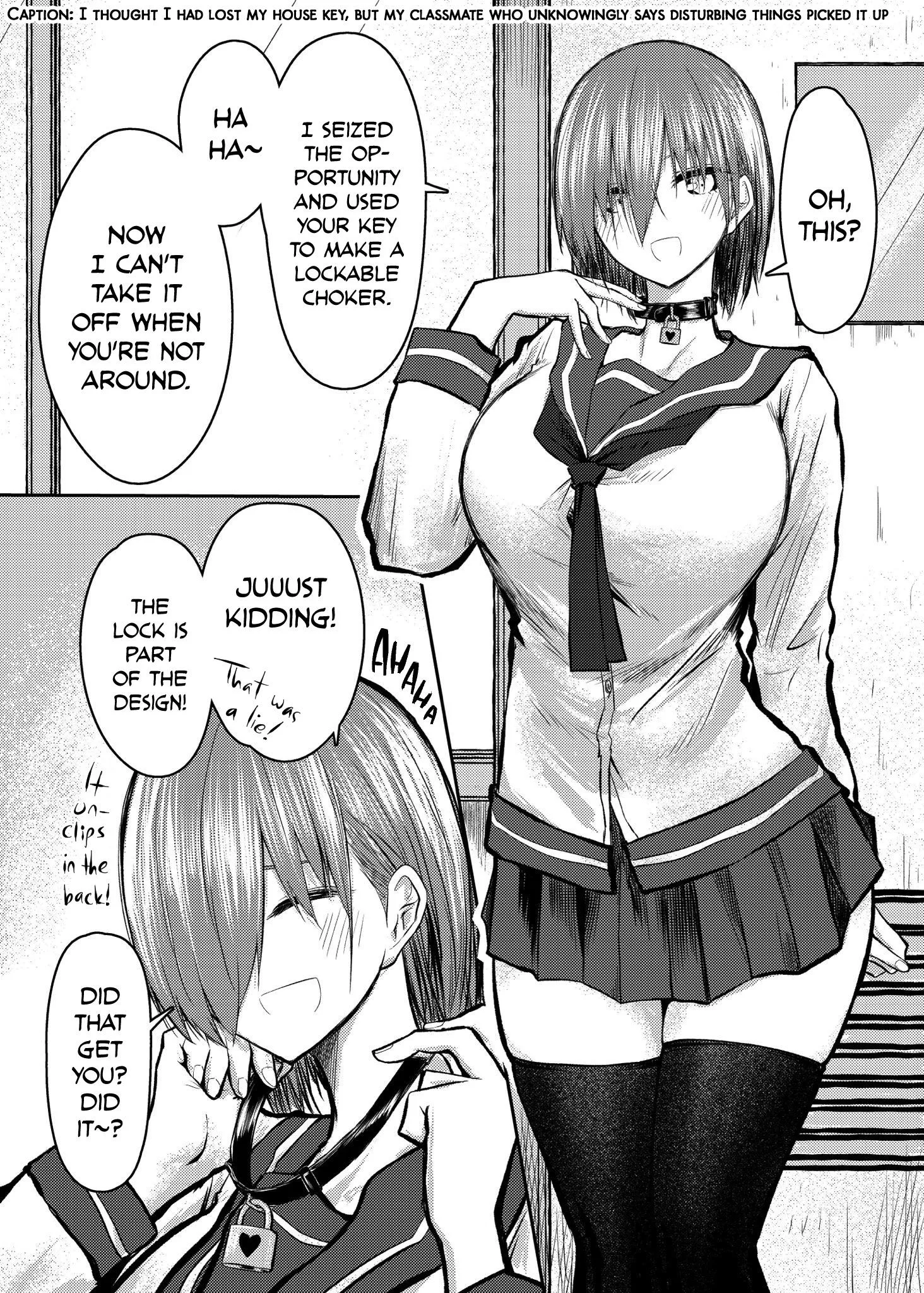 LF Mono Source: 1girl, short hair, stockings, school uniform, choker, knees out of frame, hand on neck “I THOUGHT I HAD LOST MY HOUSE KEY, BUT MY CLASSMATE WHO UNKNOWINGLY SAYS DISTURBING THINGS PICKED IT UP” posted by Bl4nkSS