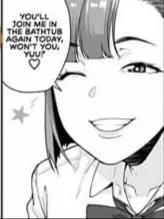 LF Mono Source: 1girl, smile/smirk, open mouth, teeth, wink, one eye closed, eyebrow visible through hair, short dark hair, sidelock, blunt bangs, schoolgirl/school uniform, white collared shirt, bowtie, collarbone, spoken heart, star, 