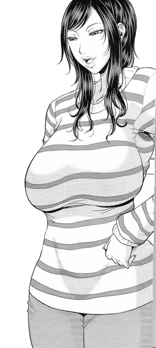 LF Mono Source: 1girl, standing, long hair, black hair, big breasts, long sleeve, pants, mole under eye, open mouth, striped shirt, looking down by kei-kazuki