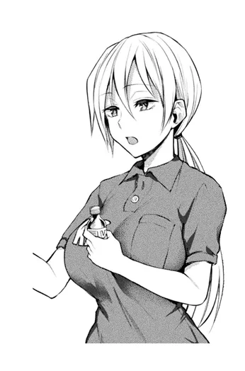 LF Mono Source: 1girl, standing, white hair, long hair. bangs. hair between eyes, eyes open, mouth open, ponytail, black shirt, half sleeve shirt, big breasts, holding bottle, no text posted by kei-kazuki