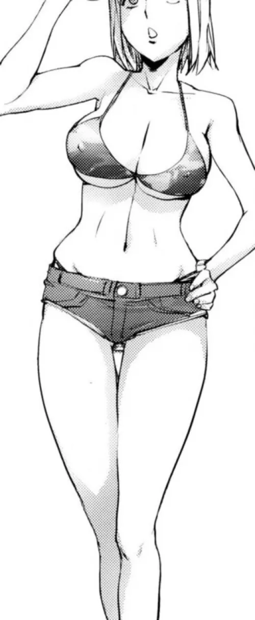 LF Mono Source: 1girl, standing, white hair, short hair, open mouth, big breasts, black bikini, covered nipples, denim shorts, hand up, hand on own hip by kei-kazuki