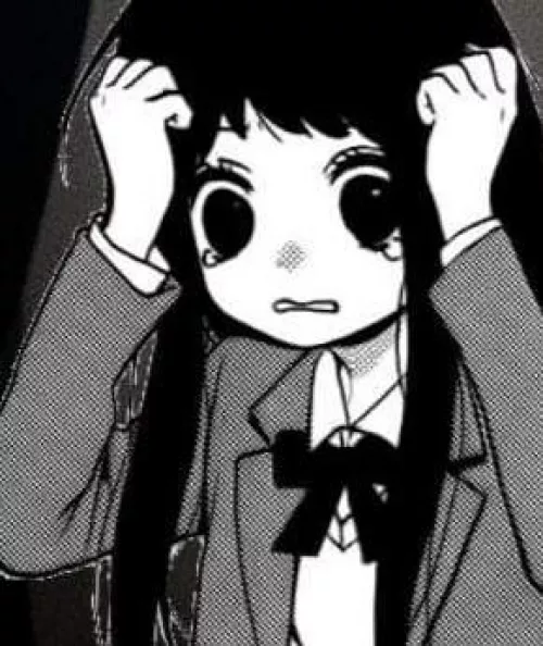 LF mono source, 1girl, tears, scared, hands on head by -X3N0