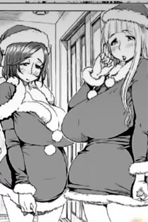 LF mono source: 2girls, big tits, milf, christmas clothes, christmas hats, dark hair, light hair, exposed cleavage, covered cleavage, bare legs, short dress, long hair, short hair. by JJoriuks