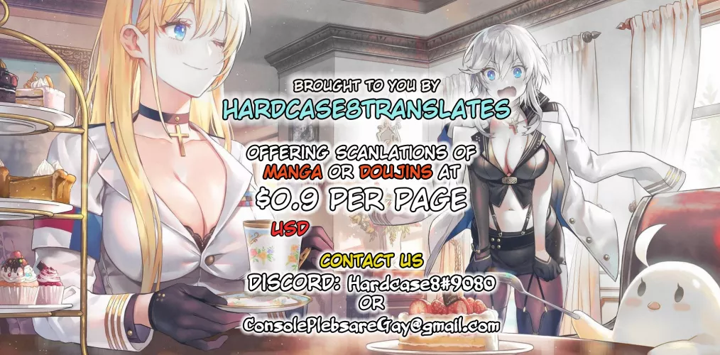 LF Mono Source: 2girls, blue_eyes, blonde_hair, silver_hair, large_breasts, jacket, jacket_on_shoulders, rosary, choker, necklace, cake, cake_slice, hairband, headband by ulti-shadow