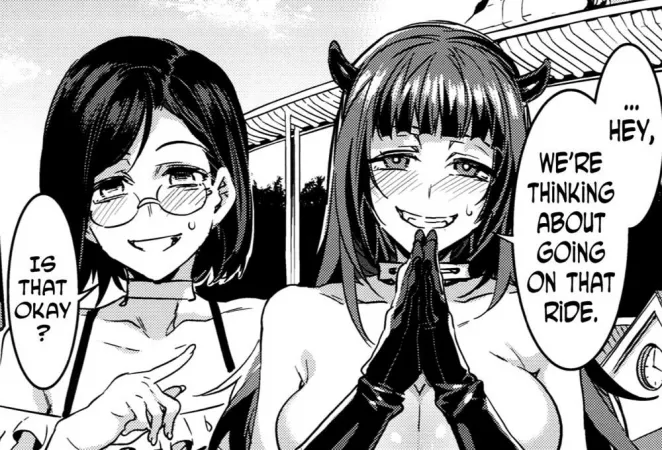 LF Mono Source: 2girls, short dark hair, blush, glasses, demon horns, gloves, choker necklace, big breasts, semi nude, arms covering breasts, “Hey, we’re thinking about going on that ride.”, “Is that okay?” by brnt927
