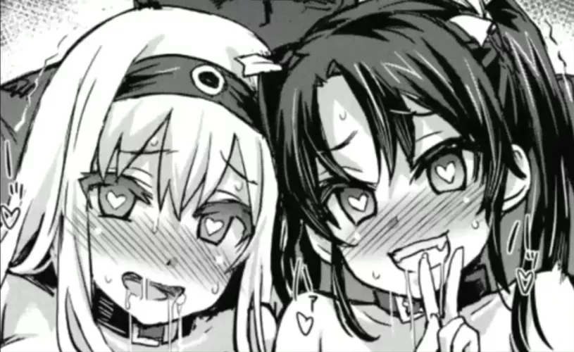 LF Mono Source: 2girls, Twintails, peace sign, heart eyes, heart, headband, saliva, smiling, hair bow, neck collar by MythicalHaven