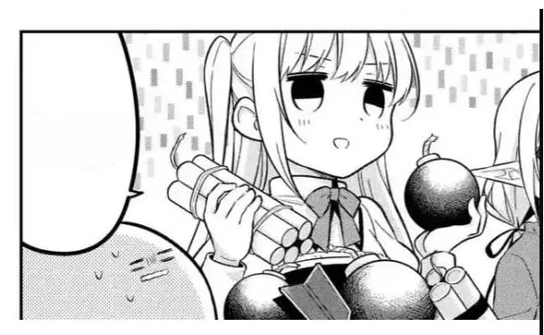 LF Mono Source: 2girls,long hair,short hair ,one side up,sweating,blank speech bubble,pointy ears,holding_bomb,dynamite,neck_ribbon,smile posted by TrapandLoliLover