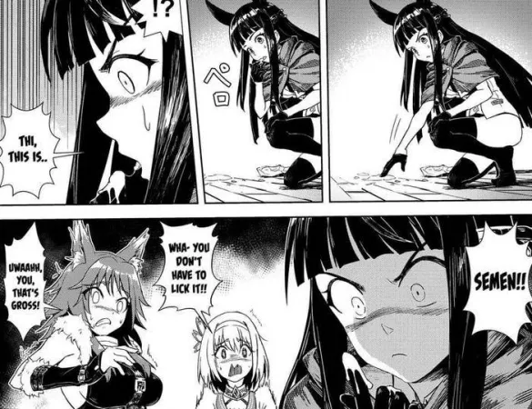 LF Mono Source: 3girls, black hair, “!?”, “Thi, this is..”, “Semen!!”, “Wha- You don’t have to lick it!!”, “Uwaahh, you, that’s gross!”, licking semen, cat ears, kemonomimi, grossed out by God_Of_Lemurs