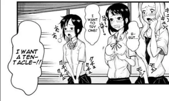 LF mono source: 3girls, school uniform, ahegao, blush, open mouth, sfx, masturbation, fondling, small breast, large breasts, bangs, sweat, “I want a tentacle~!!” “I want to try one!” “B-but…” posted by Irriella