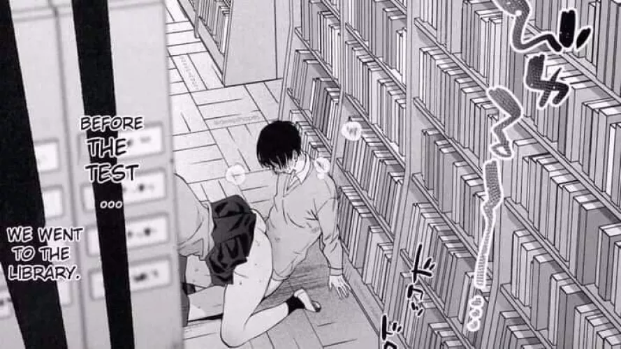 LF mono source: Before the test we went to the library, 1boy, 1girl, library, on the floor, public, school uniform, thighs by NextTheDudeII