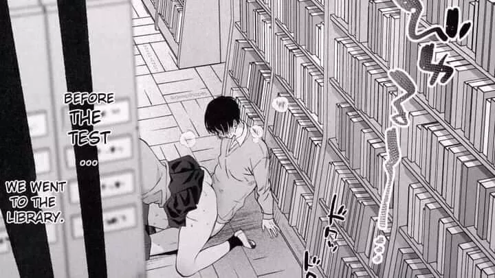 LF mono source: Before the test we went to the library, 1boy, 1girl, library, on the floor, public, school uniform, thighs posted by NextTheDudeII