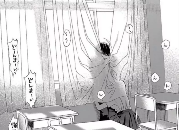 LF Mono Source: foreign text, 1boy, 1girl, curtains, blowjob, school, school uniform, window, black hair, desk by imcoveredinblankets