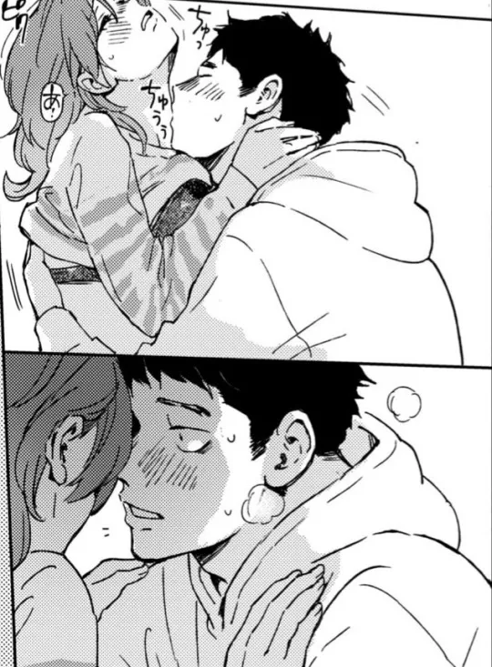 LF Mono Source Foreign text, 1girl, 1boy, blushing, SFX, sweater, hoodie, bra, stripes, long sleeve, long dark hair, short dark hair, hugging, kissing, holding, sitting on lap, undressing, eyes closed, shirt lift posted by batzzzzzzz