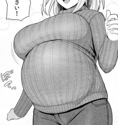 LF Mono Source: foreign text, 1girl, clothed, short hair, large breasts, pregnant, open mouth, ribbed sweater, turtleneck sweater, jeans by Nancite