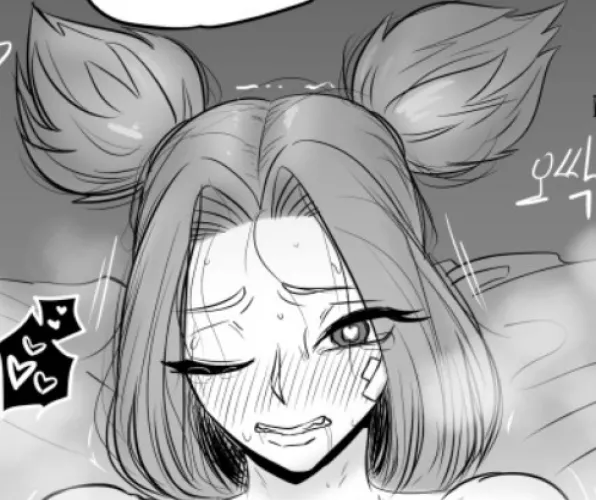 LF Mono Source, foreign text, 1girl, heart shaped pupils, ahegao, closed left eye, double ponytail, bandaid by ILikeNekos1