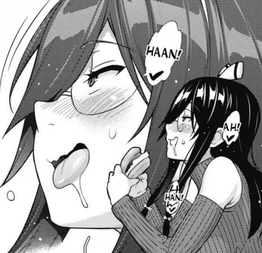 LF Mono source, long black hair, eating, hamburger, ahegao, drooling, glasses, long sleeves, open shoulder by perrytheply