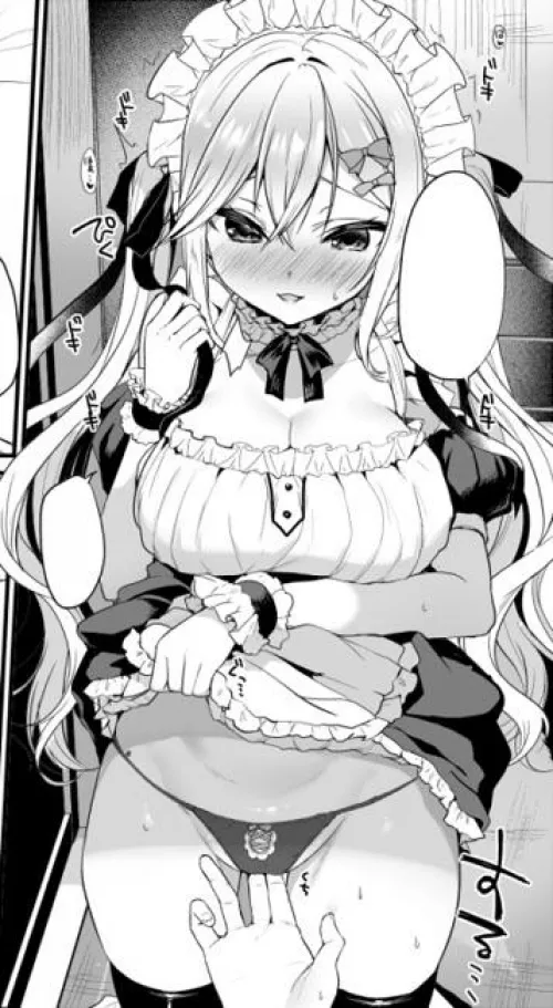 LF Mono Source: maid outfit, ribbons in hair, blushing, neck ribbon, foreign text, textless bubbles, ayuma sayu, sweating, skirt lift, underwear by Elitechaz8