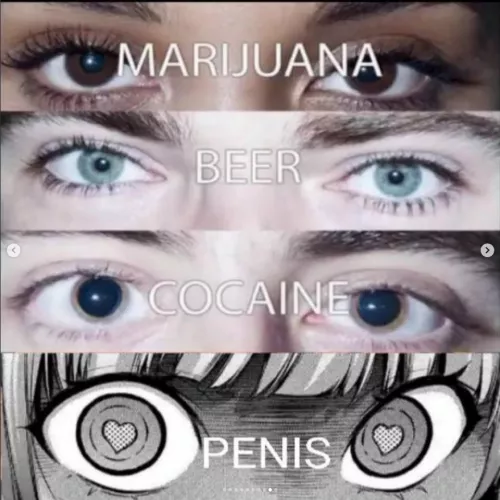 LF Mono Source: MARIJUANA, BEER, COCAINE, PENIS, eyes, drug meme, Cocaine Marijuana Beer meme, irises, dilated pupils, unusual pupils, heart-shaped pupils, multiple eyes, eyebrows, bangs, white hair, by slikkityslack_slek