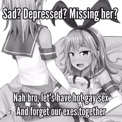 LF mono source: sad? Depressed? Missing her? Nah bro, let's have hot gay sex and forget our exes together, 2boys sweating, ribbon, uniform, long hair, condoms, nipple by NextTheDudeII