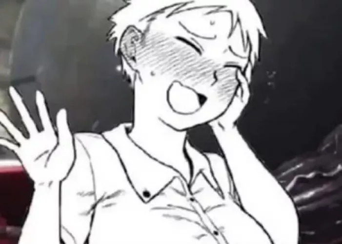 LF Mono Source: Short hair, thick, big boobs, eyes closed, blush, sweat, button up, hand on face, red ears by Chikiyoko