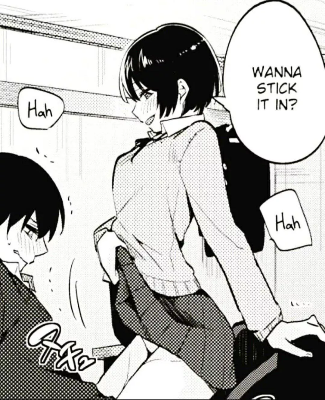 LF mono source: “wanna stick it in?” “hah” “hah” 1girl, 1boy, school uniform, skirt lift, short skirt, sweater, foreign text posted by AndrewXD2