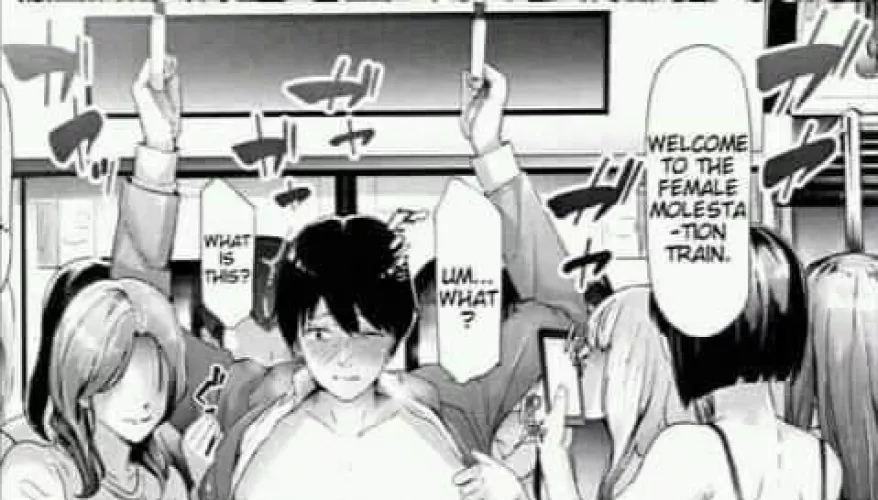 LF mono source: Welcome to the female molestation train. Um... What? What is this?, tomboy, public, train, short hair, 5girls foreign text, blushing, shy by NextTheDudeII