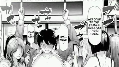 LF mono source: Welcome to the female molestation train. Um... What? What is this?, tomboy, public, train, short hair, 5girls foreign text, blushing, shy posted by NextTheDudeII