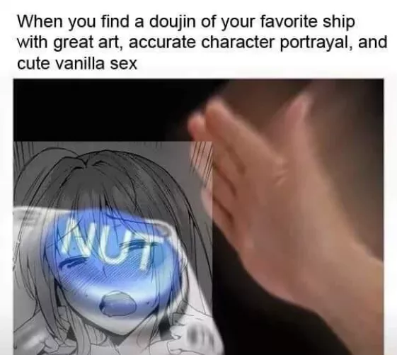 LF Mono Source: “When you find a doujin of your favorite ship with great art, accurate character portrayal, and cute vanilla sex”, meme, face, close up, blush, open mouth, ahegao, half-closed eyes, long hair, eyebrows visible through hair by Smolable295