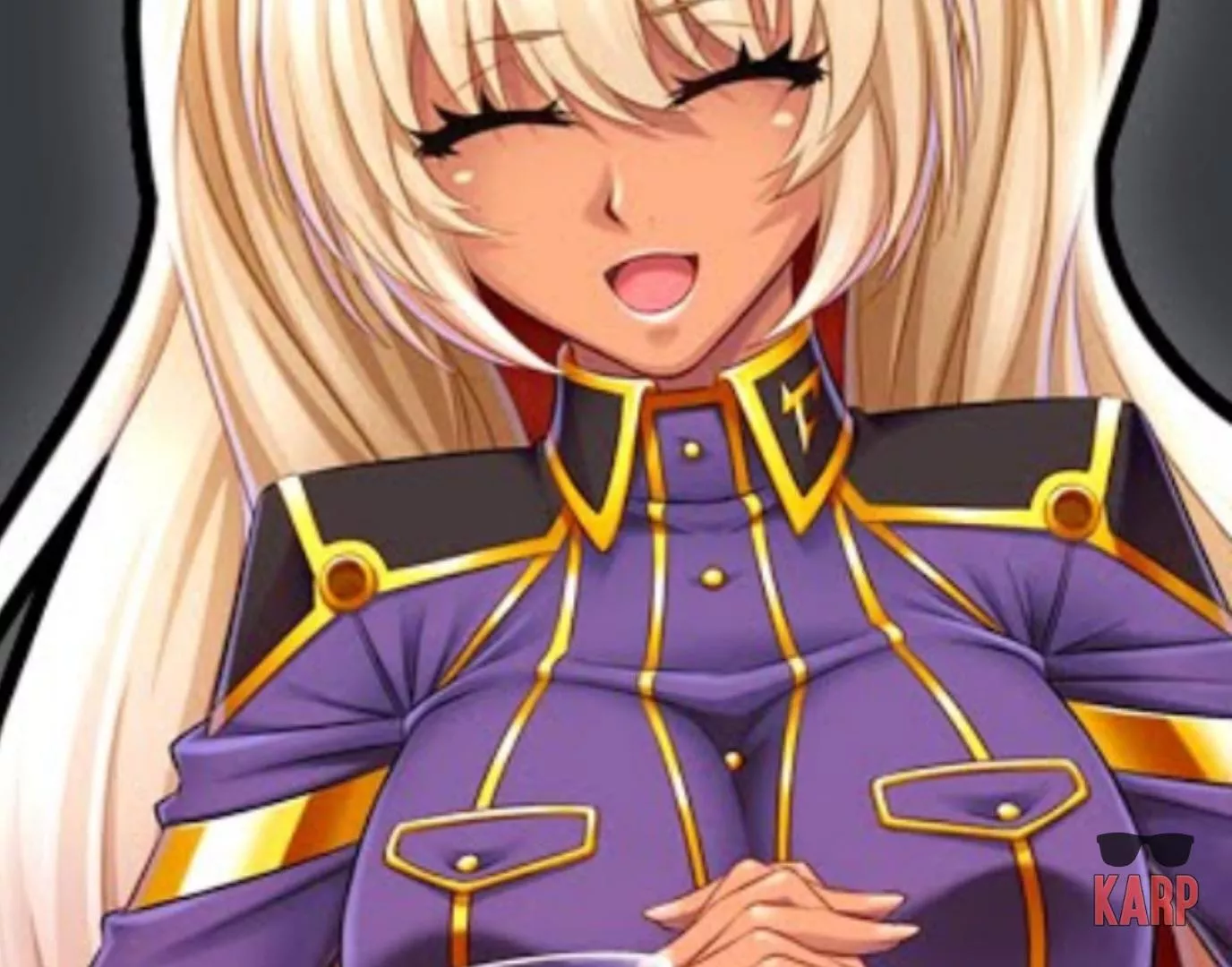 LF Mono source: White hair, Tanned skin, Big breasts, smiling with eyes closed posted by MelonBot_HD