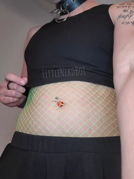 Literally obsessed with bright colored fishnets under black clothes 😋 by LittleNekoBoi