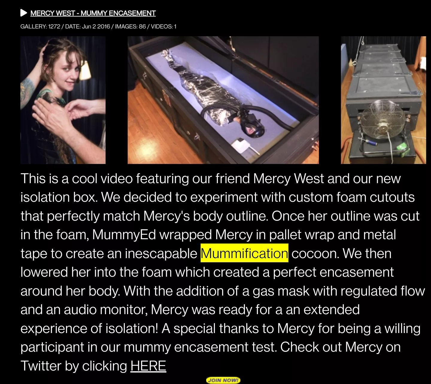 Looking for this clip, girl mummified and boxed with gas mask- if anyone has any leads or links it would be greatly appreciated! posted by cashewfeet1