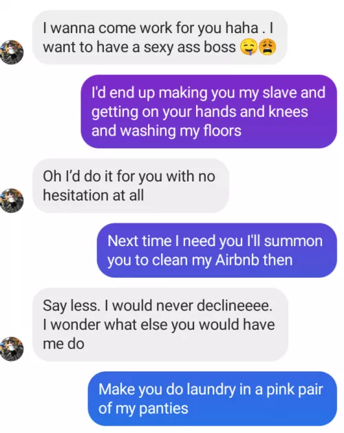 Looking forward to a new slave. Have him cleaning my floors in pink panties in no time. by teriyaki_saucy