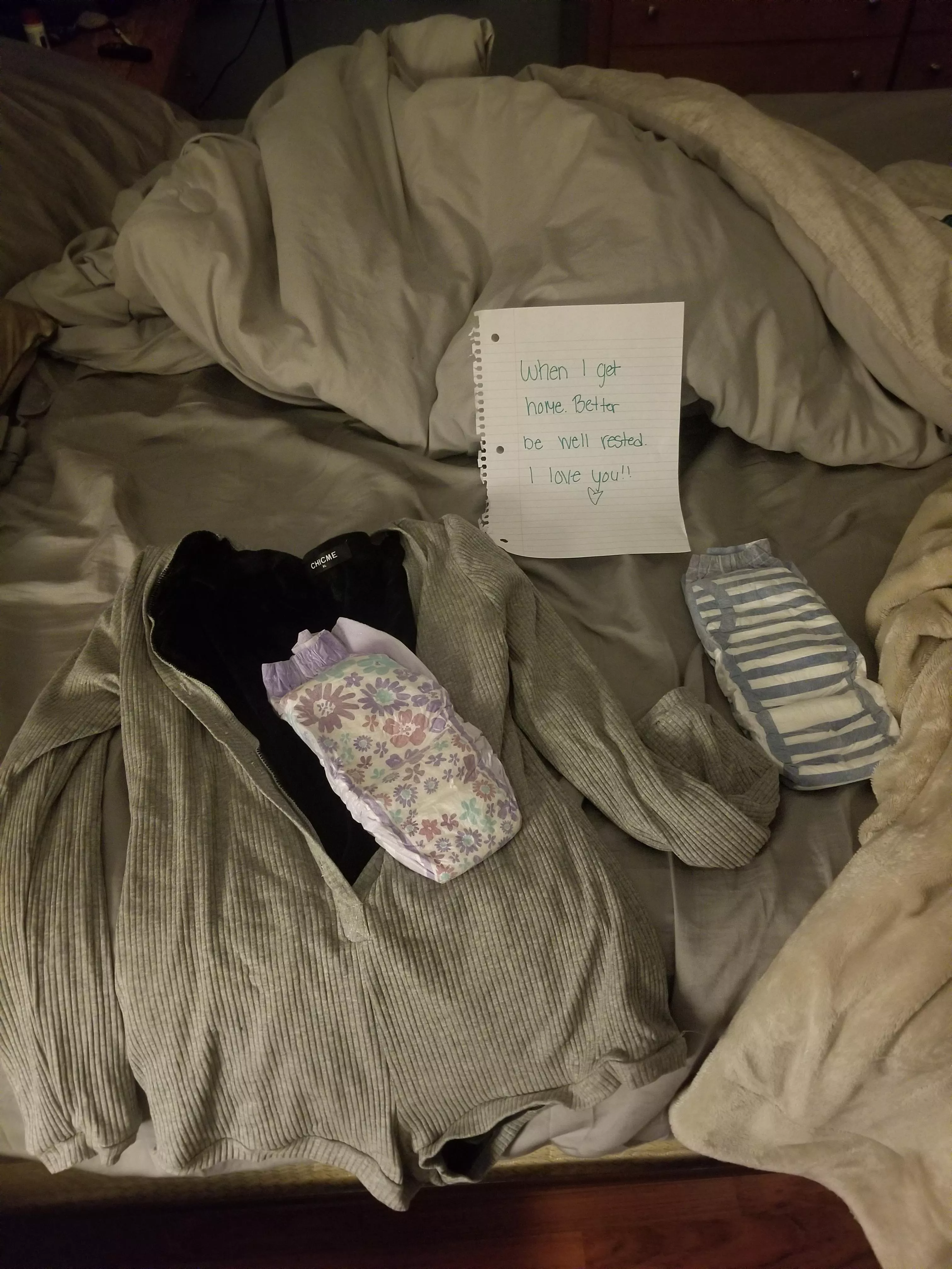 Love my wife so much. Came home to to find this morning after working night shift. Time for a nap and to wait her arrival 🥰🥰🥰🥰 posted by boydiapered93