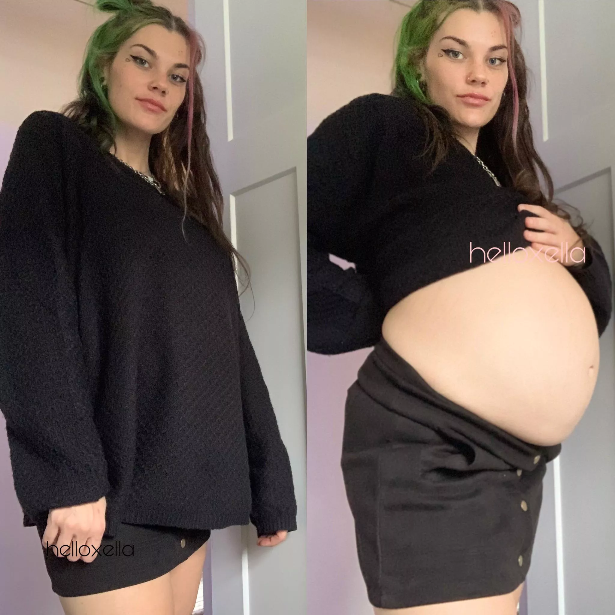 Luckily my sweater is big enough to hide my balloo— I mean belly. posted by helloxella