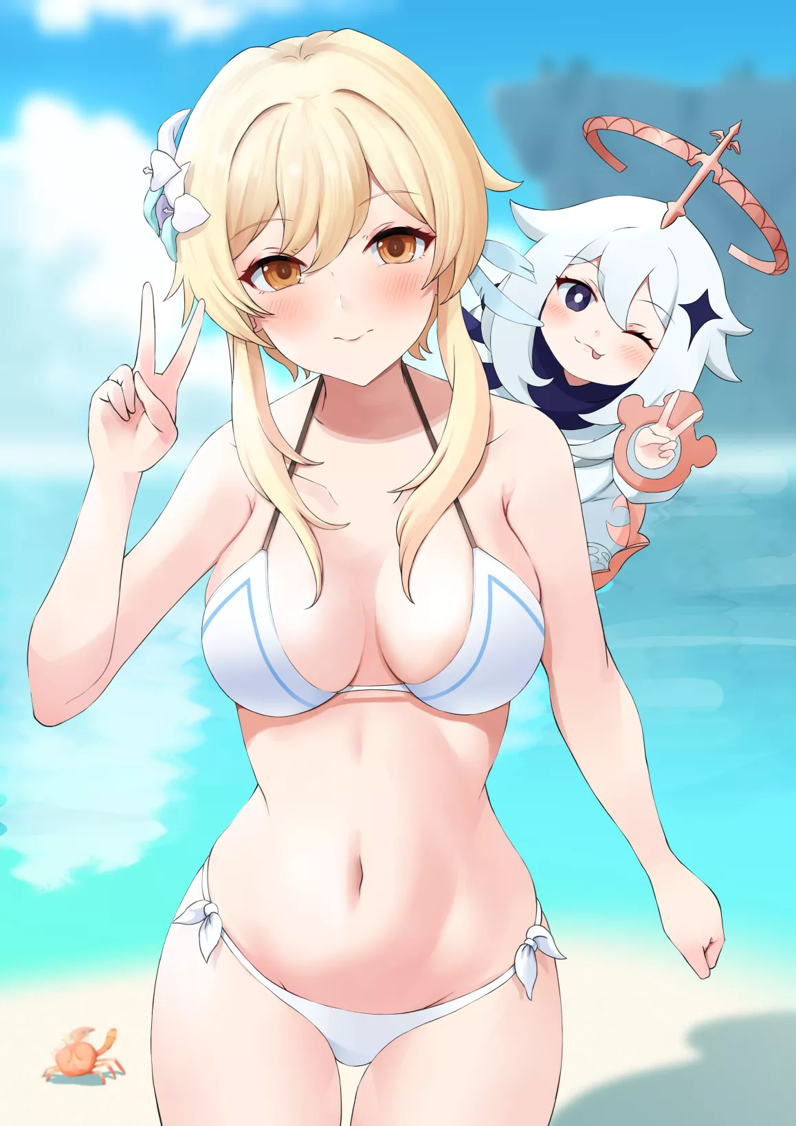 Lumine and Paimon at the beach [Genshin Impact] posted by _chirp_