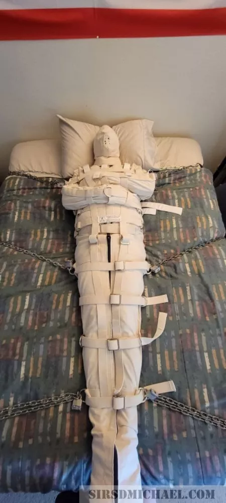 Maxcita Psycho-X straitjacket, legsack, and hood by sdmichael