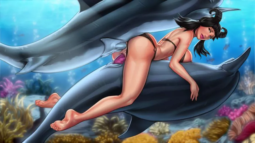 Meren Seawitch taking on two dolphins (Mikiron) [and a note to the dolphin pic yesterday by same artist should also have been Maren not karen] by Just4Friends69