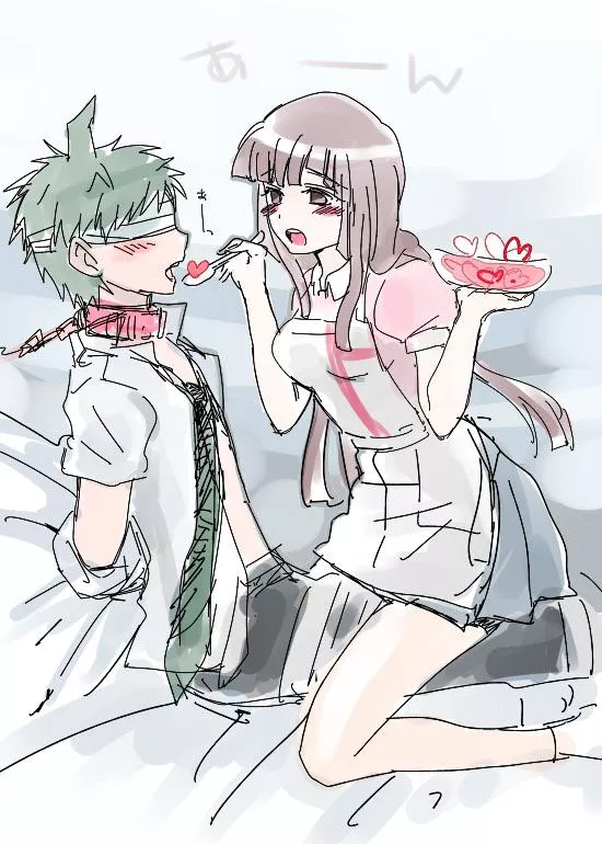 Mikan feeding a tied-up Hinata [Danganronpa] posted by VampireQueenDespair