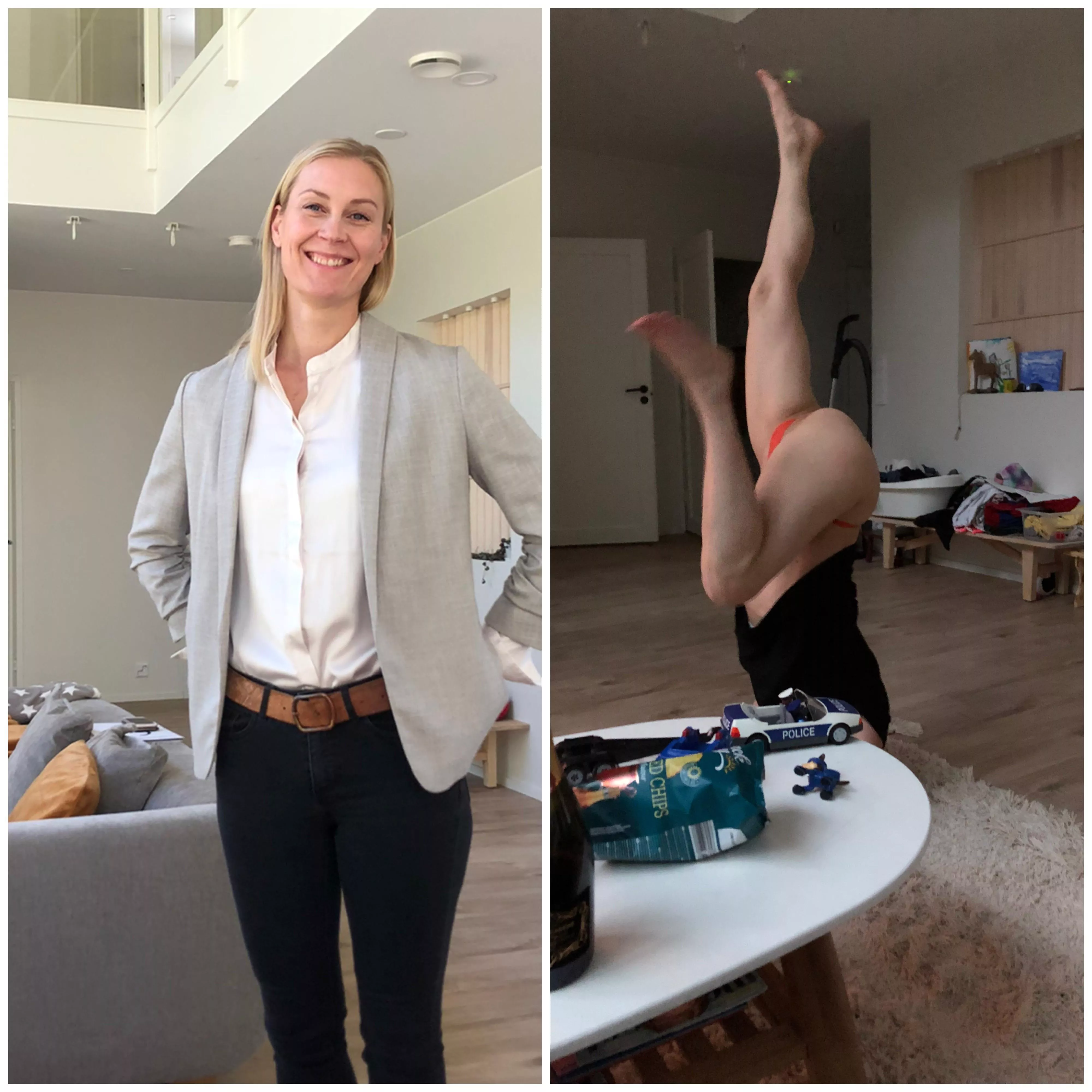 Mom before she’s off to work and mom when she’s back from work(+ 1 bottle of champagne)… posted by Intrepid-Animator-97