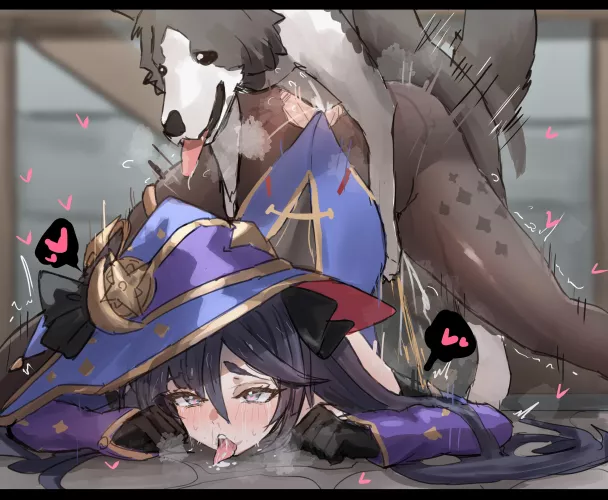 Mona playing with a dog (Genshin Impact) [woodHorn] by selfpitycat
